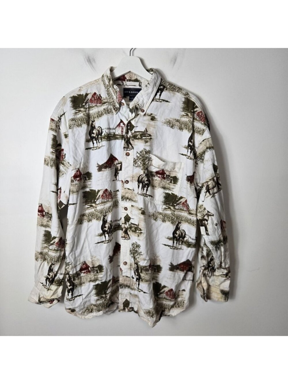 Bit & Bridle Size L Western Casual Button-Up Long Sleeve Shirt Horse Print